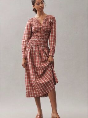Damson Madder Sienna Smocked Midi Dress in Red Plaid